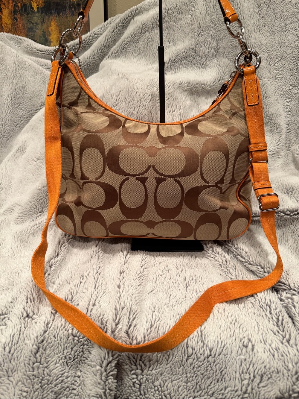 COACH Signature Stripe Convertible Hobo Bag Khaki Orange F21873 - Picture 5 of 13
